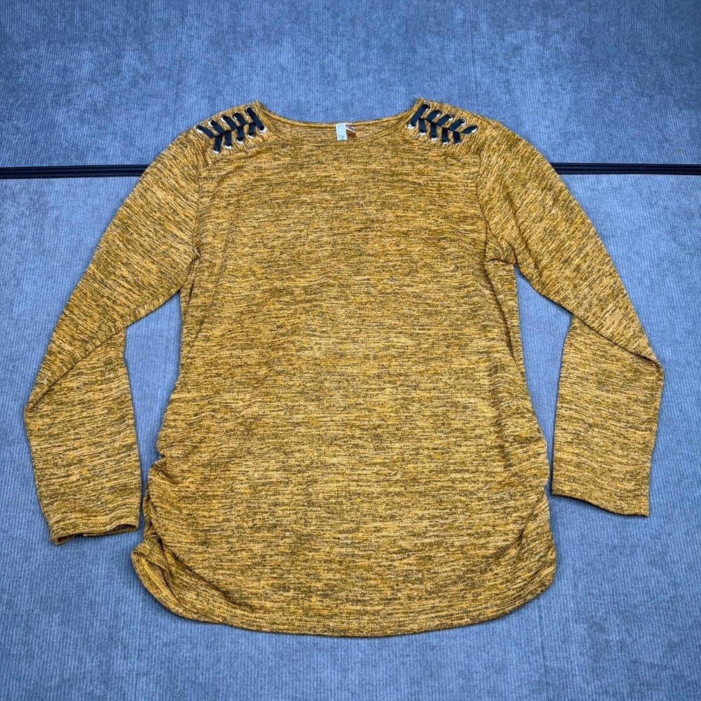Vtg NY Collection Mustard Yellow Marl Ruched Side Lace Up Shoulder y2k Top Large